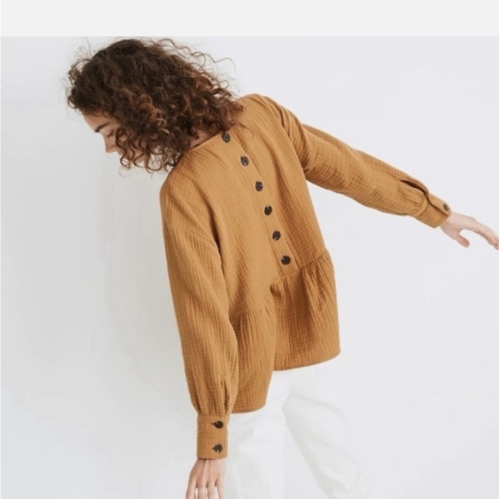 Madewell Gauze Button Back Peplum Blouse Mustard Yellow - Picture 2 of 5